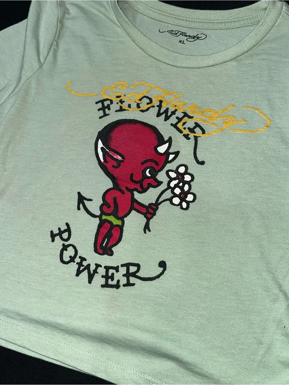 Ed Hardy Women’s XL Cropped Baby Tee Flower Power Y2K Graphic T Shirt Tattoo Art